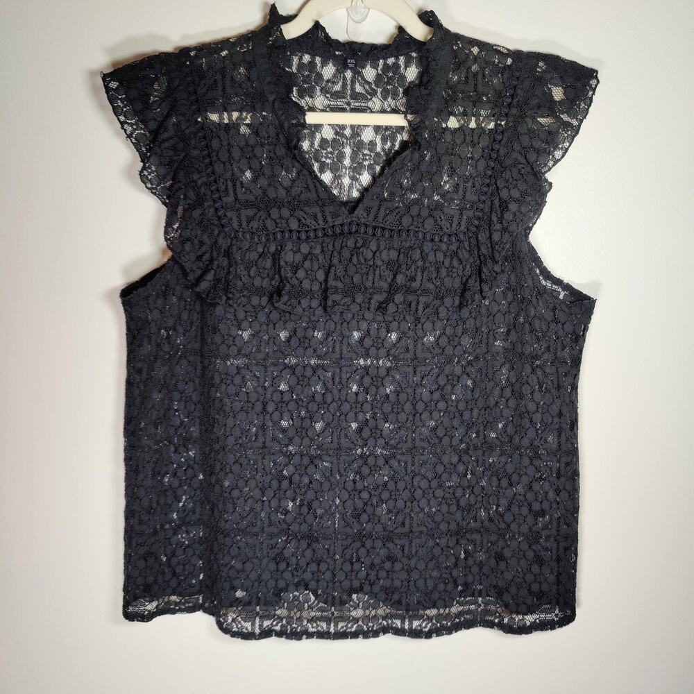 Whimsical Black Lace Sheer Blouse XXL High Neck Ruffle Dark Fairy Coquette